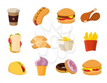 Vector cartoon fast food collection. Menu with fast food hot dog and hamburger, illustration of tasty fast food