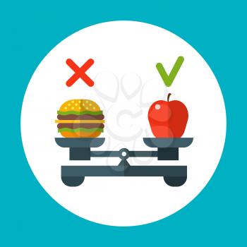Diet food balance, healthy vector concept with apple and hamburger on scales. Burger or apple, illustration of choice red apple and fast food