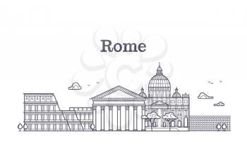 Italy rome architecture, europe skyline vector linear collection. Rome city architecture, pantheon building, illustration of famous rome monument