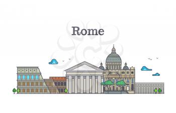 Line art rome architecture, italy buildings vector illustration. Ancient color rome panorama with monument and arena colosseum, rome structure building famous