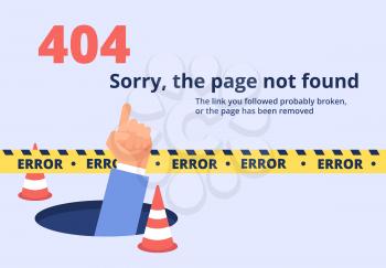 Not found concept. 404 error page design with hand holding message. Vector background not found page, message web site illustration