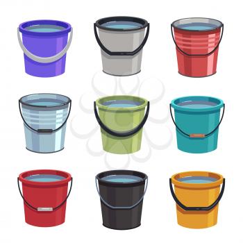 Cartoon buckets. Water pails, metal and plastic bucket. Isolated vector set. Collection of bucket container with water, pailful plastic and aluminum illustration