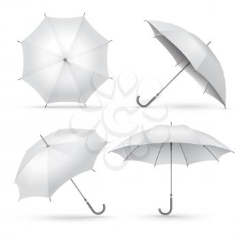 Realistic umbrella. White rain or sun open umbrellas. Isolated vector illustration. Protection rain and sun, collection of parasol with handle