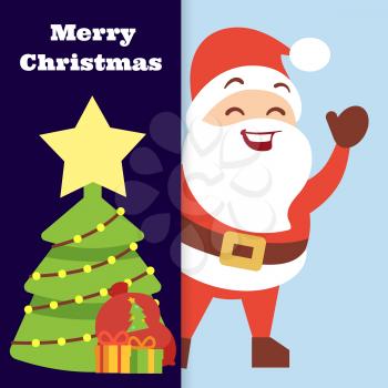 Christmas banner vector template with cute happy Santa and Christmas tree illustration