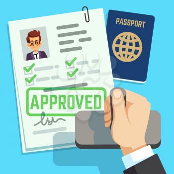 Visa concept. Passport or visa application. Travel immigration stamp vector illustration. Immigration stamp to travel and business, paper approval