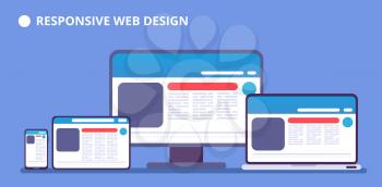 Responsive website. Webpage on different devices. Tablet and phone, laptop and computer display with web design. Vector illustration. Responsive mobile interface and laptop screen