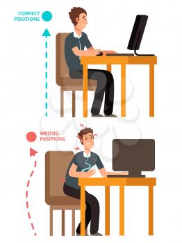 Body incorrect and correct, person sit correct or incorrect vector illustration. Correct body position on chair office
