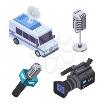 Broadcasting equipment. Television stream electronics, telecommunications 3d isometric vector elements isolated on white illustration