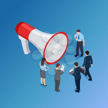 Business people are waiting for announcement isometric vector concept. Women, men and 3d megaphone illustration. Megaphone and people, announcement promotion from loudspeaker