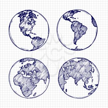 Globe sketch. Hand drawn earth planet with continents vector illustration isolated on white background