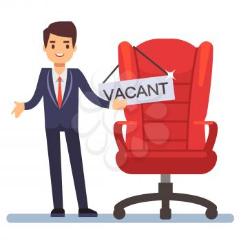 Hiring vector concept. Flat character businessman and boss chair with table Vacant place chair, illustration of businessman hiring to workplace