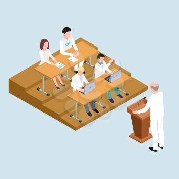 Medical school students and proffessor isometric vector illustration. Medical school lesson, student education