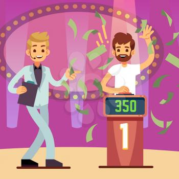 Young happy quiz game winner in the money rain vector illustration. Television show quest, entertainment lucky