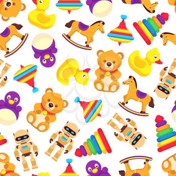 Popular baby toys seamless pattern. Vector background toy kids pattern illustration