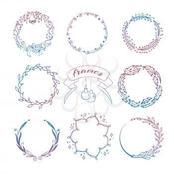 Colorful hand drawn christmas round wreath frames set. Vector illustration