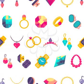 Luxury jewelry flat style seamless texture on white background. Vector illustration