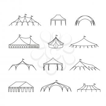 Event and wedding outdoor marquee tents vector line icons. Wedding pavilion and shelter roof, marquee and canopy structure, canvas folding illustration