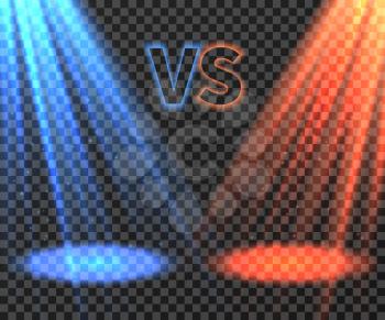 Versus battle futuristic screen with blue and red glow rays vector illustration. VS battle game, match boxing and fight duel