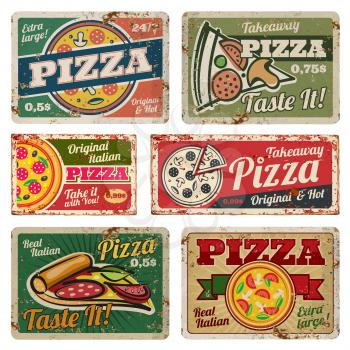 Vintage pizza metal signs with grunge texture vector set. Retro food posters in 50s style. Banner pizza food grunge style, poster vintage for restaurant pizzeria illustration