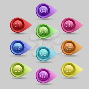 Ten color bullet points with numbers vector collection. Illustration of web bullet point arrow