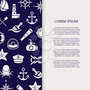 Marine banner with outline sea or ocean elements. Vector illustration