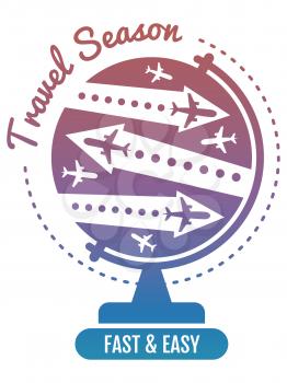 Bright travel logo design - air fly and globe vacation banner. Vector illustration