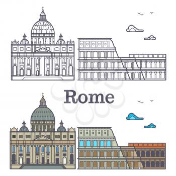 Famous Rome buildings - line cathedral and coliseum. Vector illustration