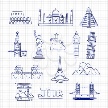Ballpoint drawing international country linear landmark vector on notebook page. Landmark ballpoint famous monument, and architecture illustration