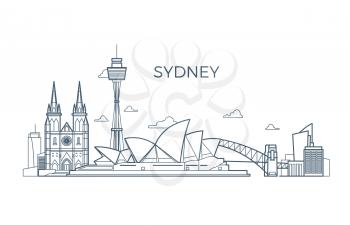 Sydney city line skyline with buildings and architecture showplaces. Australia world travel vector landmark. Architecture skyline sydney city illustration