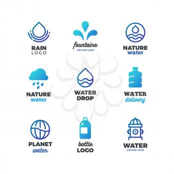 Drinking symbols and water vector logos. Eco ocean emblems. Aqua drink emblem, water fresh logo illustration
