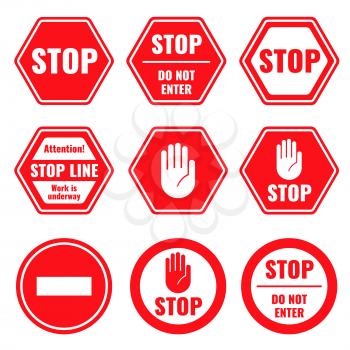 Traffic stop, restricted and dangerous vector signs isolated. Illustration of traffic road and stop symbol, warning and attention