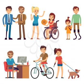 Disabled young woman and man in in day routine activities vector cartoon characters set. Disabled young person, disability human situation illustration