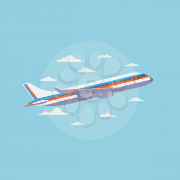 Airplane in blue sky with white clouds. Traveling and air freight vector concept. Airplane transportation tourism, commercial plane illustration
