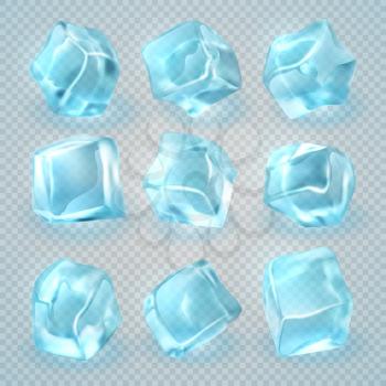 Realistic 3d ice cubes isolated on transparent background. Vector set of ice cube 3d clear illustration