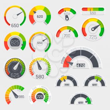 Business credit score vector speedometers. Customer satisfaction indicators with poor and good levels. Credit score poor and good rating illustration