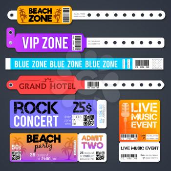 Event entrance vector bracelets and stadium zone admission tickets templates isolated. Bracelet for entry and admit to show concert illustration