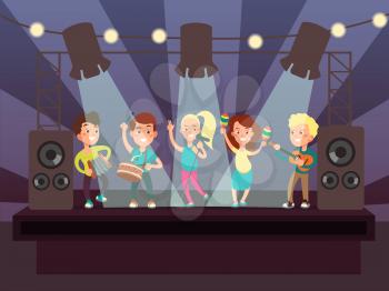 Music show with kids band playing rock on stage cartoon vector illustration. Music rock concert, musician kids with guitar performance