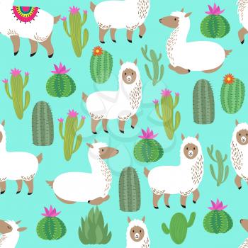 Alpaca seamless vector pattern. Cute llama baby repetitive background. Lama and cacti pattern in cartoon style illustration