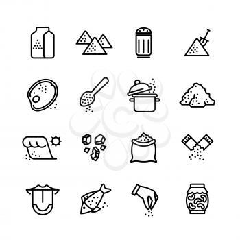 Salt vector line icons set. Illustration of salt icon for cook meat and fish