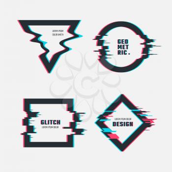 Vector frames with glitch tv distortion effect. Illustration of elements with glitch tv effect screen