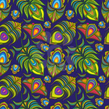 Peacock feather vector seamless pattern. Illustration backgorund with colored plumage fluffy