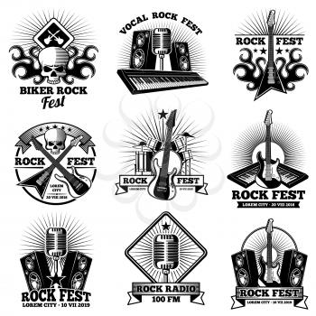 Retro rock n roll band labels. Grunge rocks party festival vector labels. Music rock band, illustration of musical logo or emblem