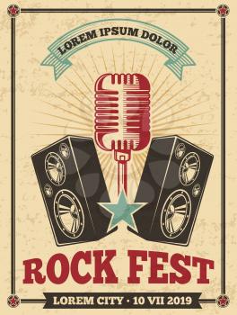 Rock festival vintage vector poster. Rock and roll concert retro background. Banner festival concert, musical heavy illustration