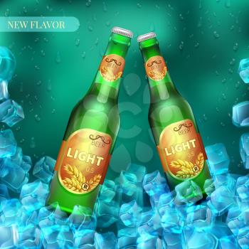 Frozen light beer bottles with ice cubes. Product vector retail background. Illustration of beer in cold ice banner and poster
