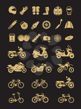 Racing motorcycle, bicycle, motorbike parts and transportation vector icons of set isolated on black illustration