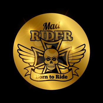 Angry skull motorbike rider shiny emblem on golden backdrop. Vector illustration