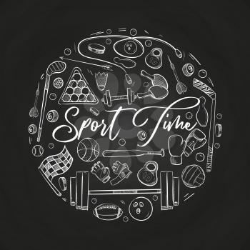 Hand drawn sports things vector illustration isolated on black board