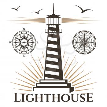 Sea nautical lighthouse and vintage compasses emblem and logo label. Vector illustration