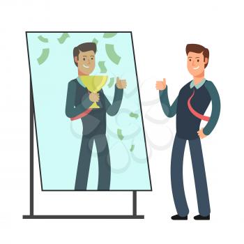 Businessman looking himself happy and successful in mirror reflection. Success in business and winner vector concept. Illustration of character businessman in reflection mirror