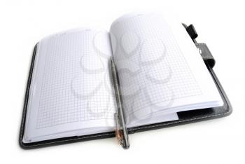 Open notebook with the handle, on white background.
